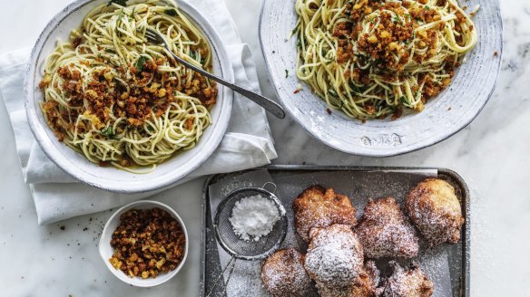 Julia Busuttil Nishimura's Pantry spaghetti and Apple and ricotta frittelle.