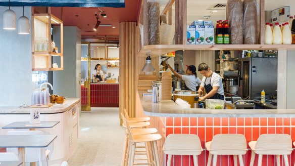 The 70-seat eatery is all pastels, banquettes and timber.
