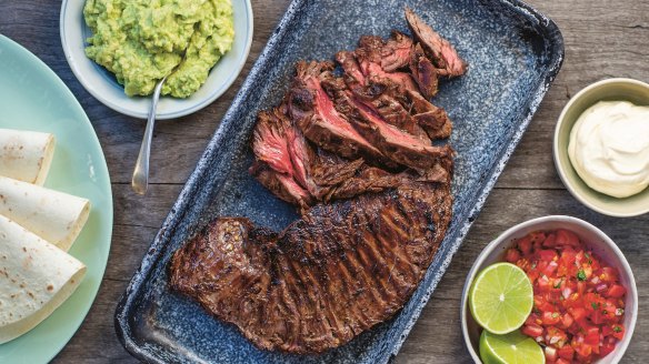 Serve the steak with tortillas, sour cream, guacamole and a slice of lime or on a bed of lettuce and seasonal roasted vegies.