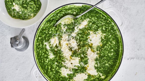 Risotto swirled with spinach puree and topped with creamy stracciatella.