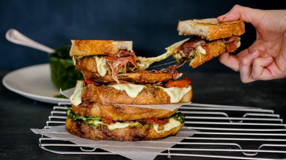 It's all about the cheese pull: Loaded caprese toasted sandwiches.
