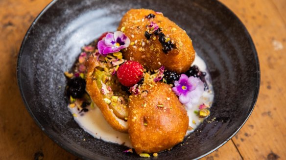 Fig loukoumades, rose crema and blackberry glyko at Ploos.