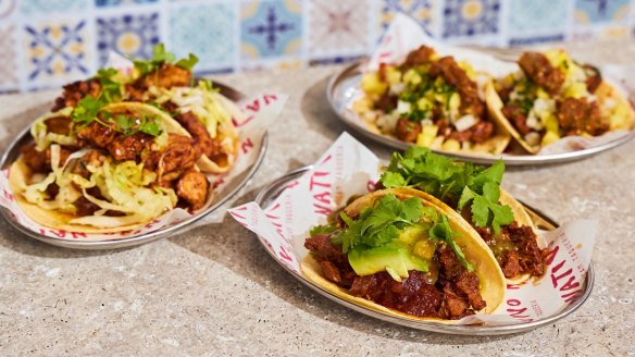 From left: Octopus, beef birria and al pastor tacos.