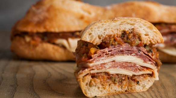 Antipasti pan bagnat with eggplant caponata.