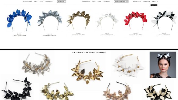 The top row of images is a style by Morgan and Taylor, which milliner Viktoria Novak says very closely resembles one of her styles.