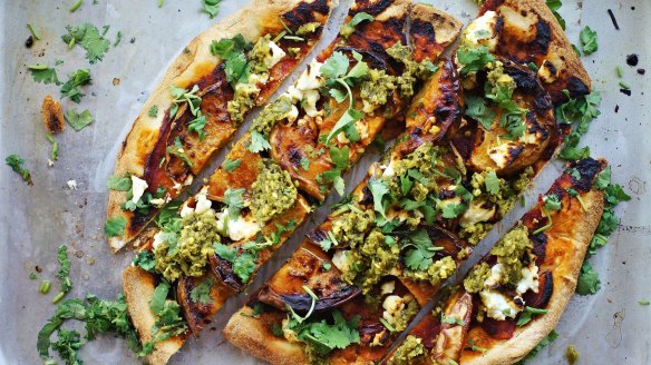 Roast pumpkin, goat's curd and zhoug pizza.