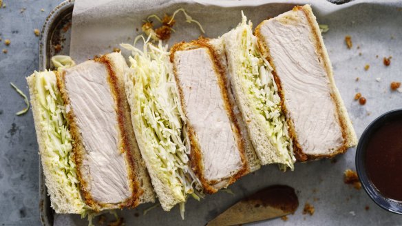 Katsu finger sandwiches filled with panko-crumbed pork and cabbage.