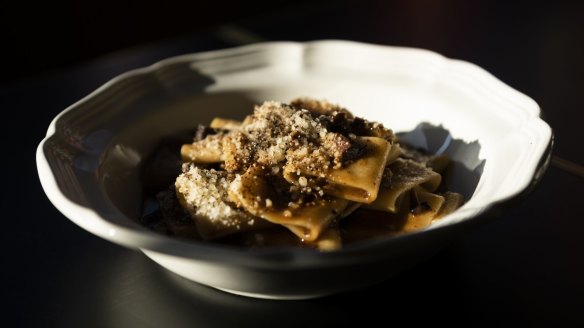 Slappy tubes of paccheri pasta are partnered with kangaroo tail ragu