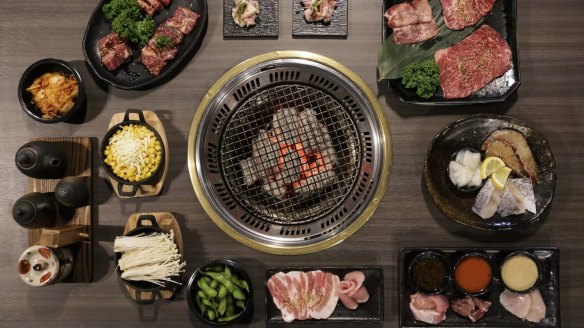 A selection of raw meats, vegetables and fish ready to be grilled at Shinbashi.