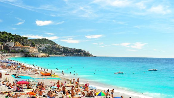 The beach in Nice, France, near the Promenade des Anglais.