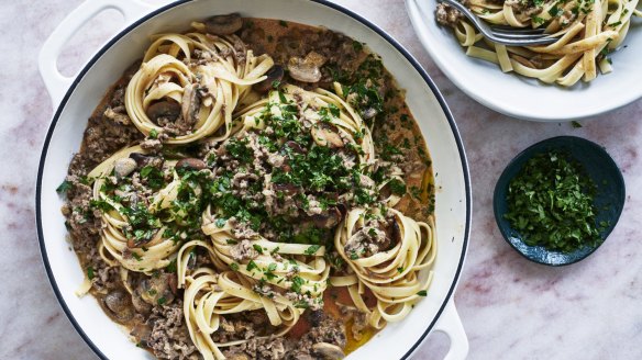 Fettucine stroganoff made with beef mince.