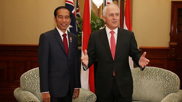 Malcolm Turnbull and Indonesia President Joko Widodo at Admiralty House in Sydney on Sunday.