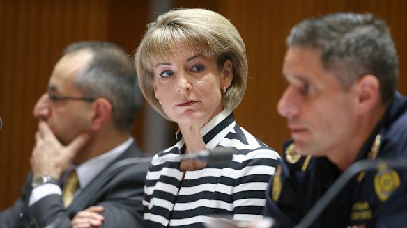 Secretary of the Department of Immigration and Border Protection Michael Pezzullo, Minister for Employment and Minister for Women Michaelia Cash and Australian Border Force Commissioner Roman Quaedvlieg during a Senate hearing on Monday.