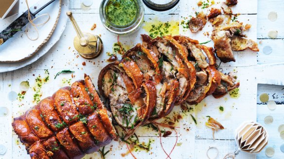 Ben Milgate and Elvis Abrahanowicz's Christmas centrepiece: Porchetta, served with chimichurri (top).