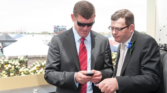 On track: Crown Resorts boss James Packer and then Victoria Opposition Labor leader Daniel Andrews in the Crown Marquee at Victoria Derby Day, 2012. 