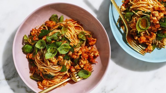 Prawn and tomato spaghetti.