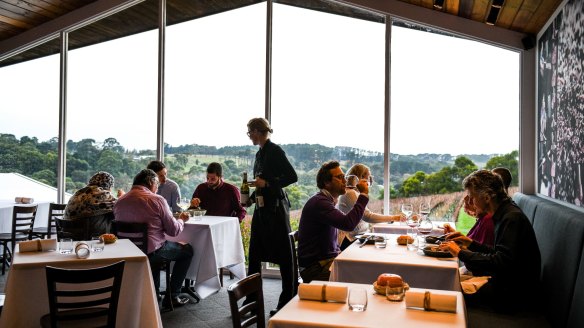 The dining room at Paringa Estate looks over the vines.