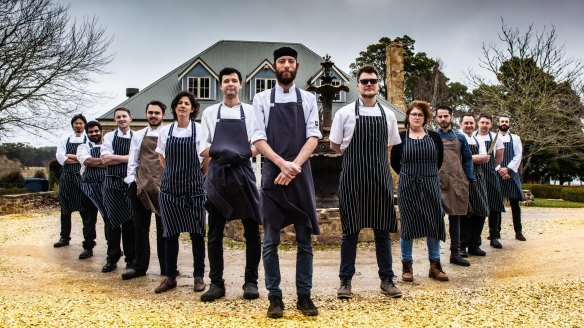 Head chef of Sault Restaurant, Liam Scott (centre), with the chefs forming Daylesford's new Co-Lab Kitchen, created to help the region's hospitality industry survive COVID-19 restrictions.