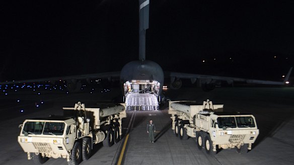 Trucks carrying parts of the American Terminal High-Altitude Area Defence system arrive at Osan air base in Pyeongtaek, South Korea, last month.