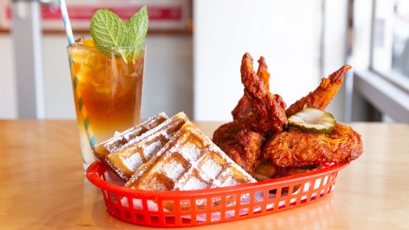 A special of Nashville-style fried chicken and waffles at Belles Hot Chicken.