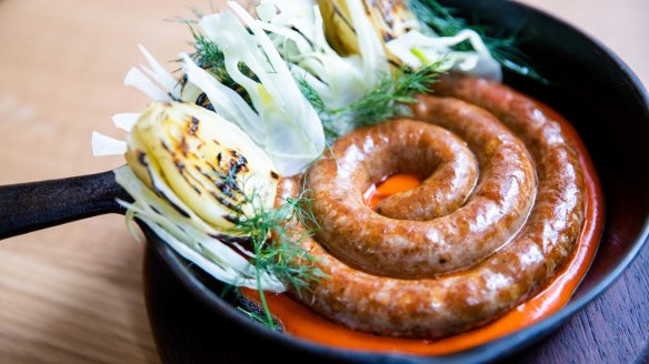 Merguez sausage with roasted fennel and harissa at the new Monopole.