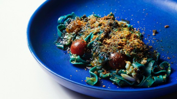 Blue spirulina tagliatelle is pliable and silky. 