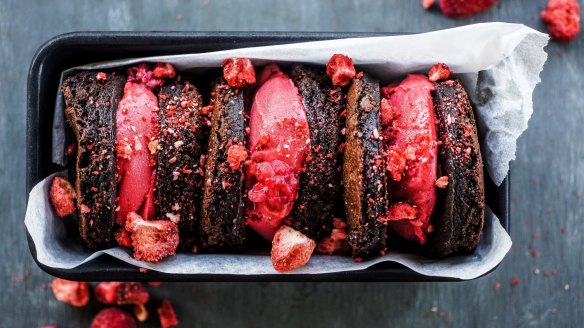 Dark chocolate, olive oil and sea salt brownies sandwiching raspberry sorbet.