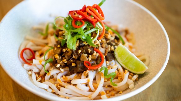 The dan dan eggplant noodles come with mushrooms, Szechuan pepper and Chinese-style tahini sauce. 
