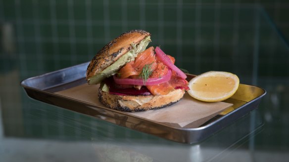 House-made bagel filled with smoked salmon, cream cheese, pickled beet and red onion.