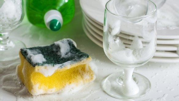 Go easy on the detergent when hand-washing glassware.
