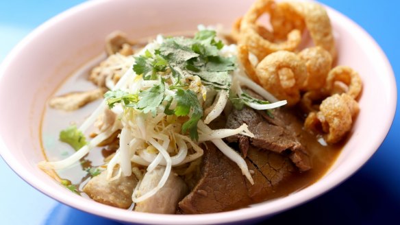 Cheap eat: Beef boat noodles with egg noodles.