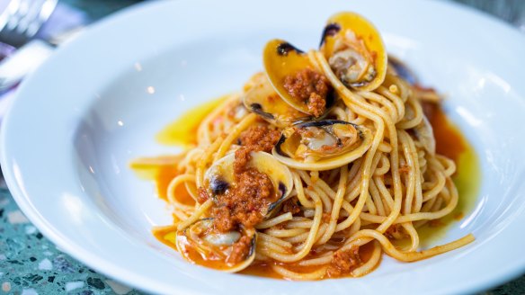 Spaghetti with 'nduja, clams and white wine at Bastardo in Surry Hills.