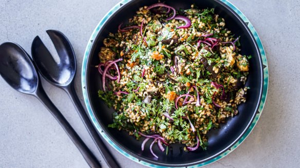 Eggplant, brown rice and quinoa salad with caramel dressing.