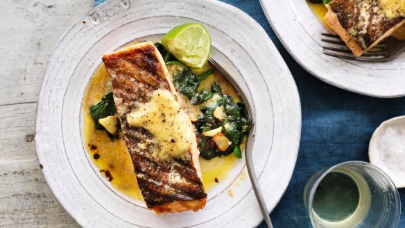 Neil Perry's barbecued salmon and wilted spinach with anchovy butter.