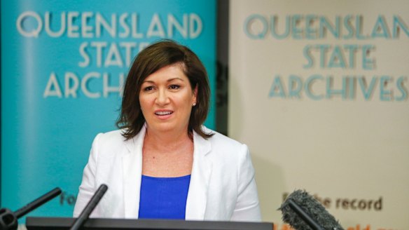 Innovation, Science and Digital Economy Minister Leeanne Enoch speaks to media after releasing the cabinet minutes from 1986.