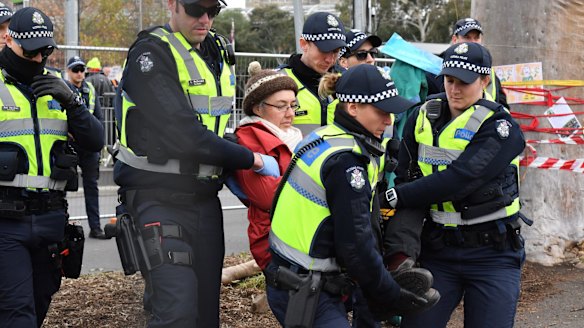 Protesters face off against police in bid to save Flemington Road gum tree