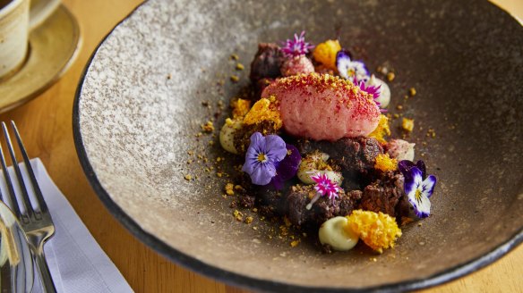 Dark chocolate brownie with blood orange sorbet.