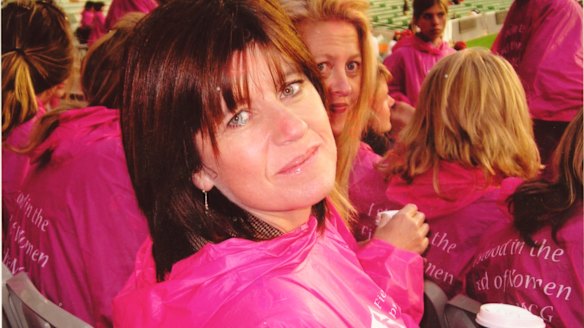 Caroline Wilson (with best friend Corrie Perkin just behind her) at one of the Melbourne Football Club's Pink Lady Matches for breast cancer.