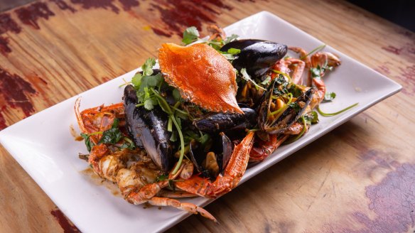 Seafood at Claypots in St Kilda, such as chilli crabs with mussels, is a hot favourite for artists on tour.