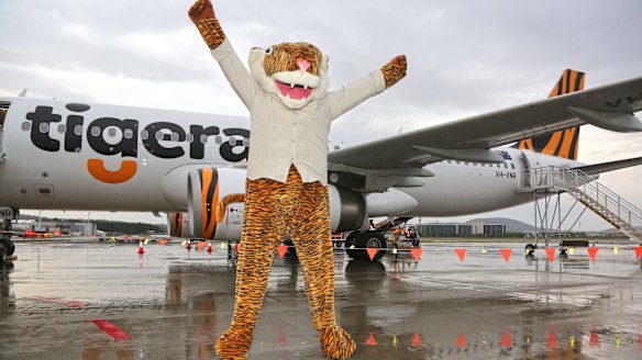 The impostor mascot who welcomed the first Tigerair flights from Melbourne to Canberra.