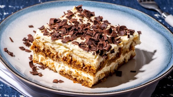 Tried and tested tiramisu topped with chocolate shavings.
