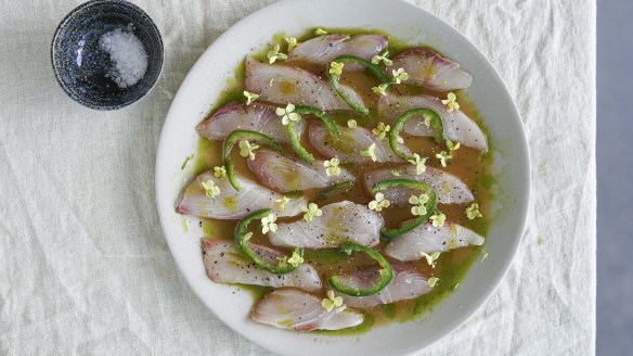 Kingfish crudo dressed with ginger, citrus, chilli and coriander oil.
