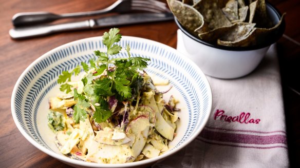 Coconut ceviche with blue corn chips features on Priscillas' veg-focused menu.