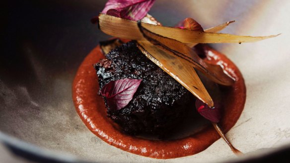 Go-to dish: Fresh blood pudding, quandong and pickled shallot.