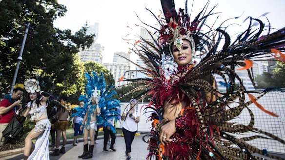 A spectacular feathered costume during the 2016 Gay and Lesbian Mardi Gras in Sydney.