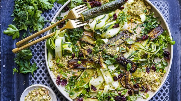 Raw and charred zucchini star in this textual salad.