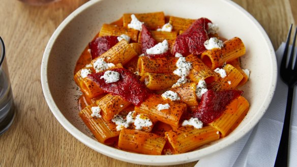 Go-to dish: Rigatoni with fermented chilli, piquillo peppers, black lime and marinated goat's cheese.