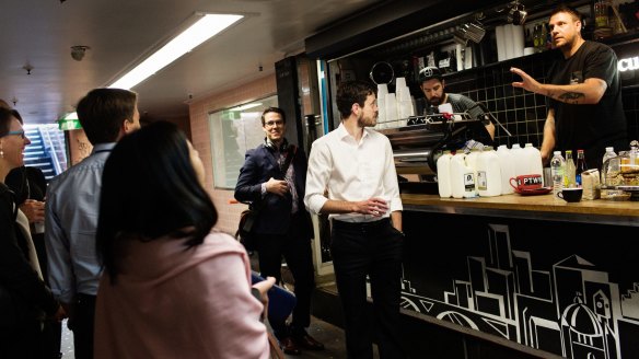 Baristas Jon Freeman (left) and Courtney Patterson serving early morning coffee and wisdom at Cup Of Truth in 2015.