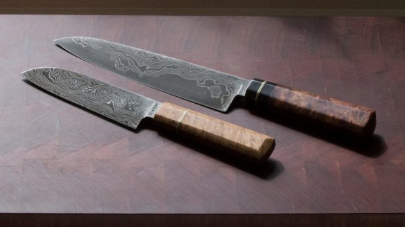 Damascus knives from Tharwa Valley Forge with blade patterns that resemble flowing water.
