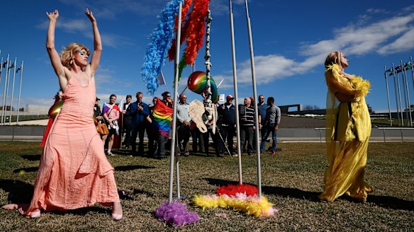Supporters of marriage equality on the lawn of Parliament House.